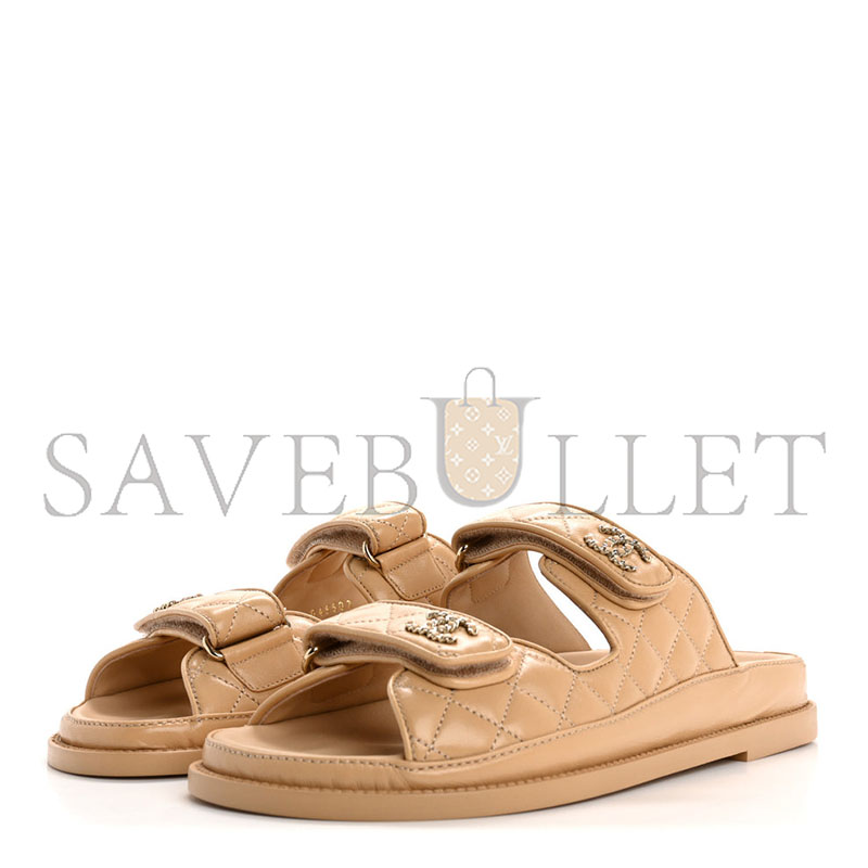 Ch**el lambskin quilted velcro dad chain cc slide sandals beige